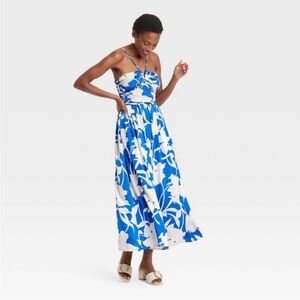a new day Blue and White Floral V-Neck Spaghetti Strap Maxi Dress NWT L